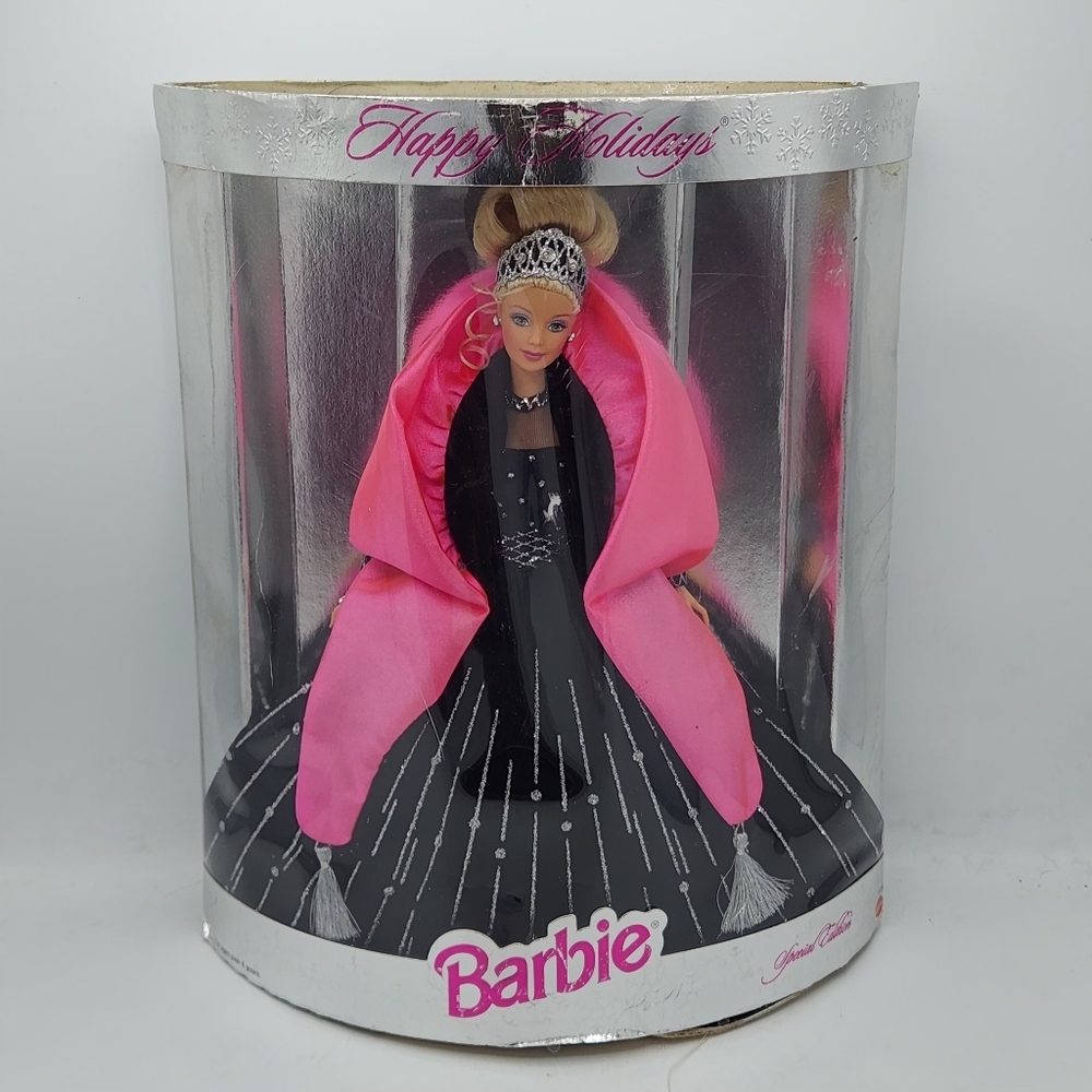 Vintage 1998 Happy Holidays Barbie Doll - Special Edition Black Gown Pink Shawl